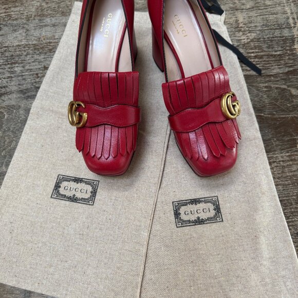 GUCCI Leather Hibiscus Red Marmont Platform w/Double Fringe, GG Logo - Picture 3 of 8